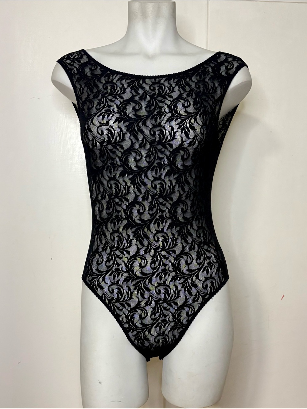 Vintage 80s Calvin Klein Black Lace Sheer High Neck Open Back Lingerie Bodysuit